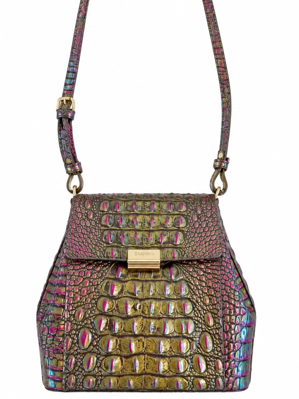 Brahmin Iridescent Croc-Embossed Leather Shoulder Bag in Green-Pink-Blue
